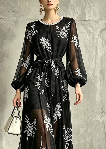 Unique Black Pearl O-Neck Embroidered Chiffon Dress Long Sleeve
