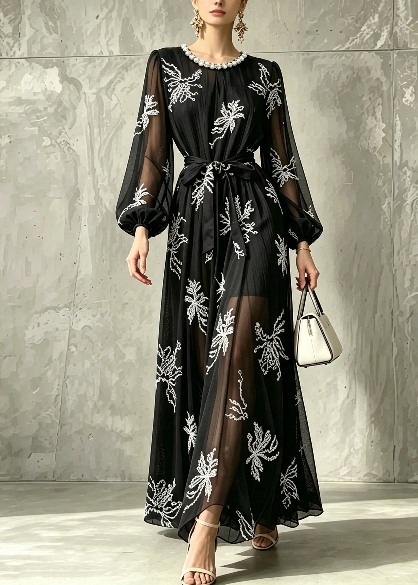 Unique Black Pearl O-Neck Embroidered Chiffon Dress Long Sleeve