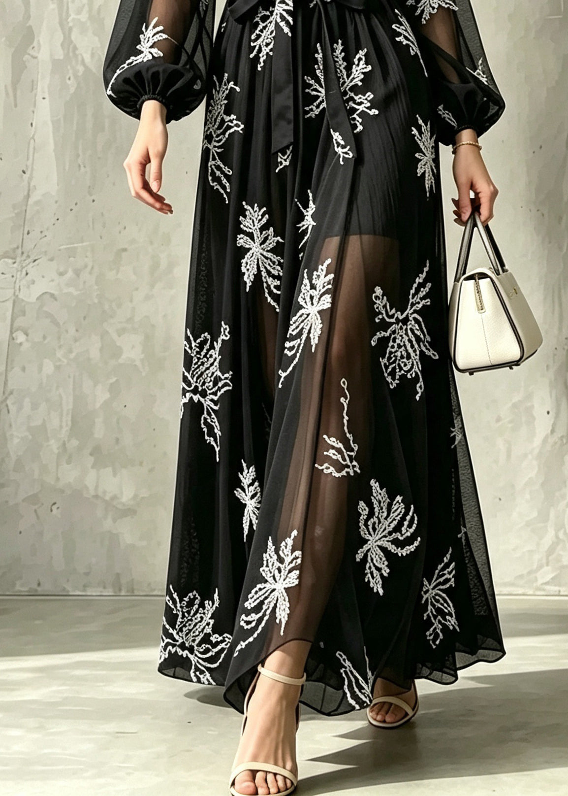 Unique Black Pearl O-Neck Embroidered Chiffon Dress Long Sleeve