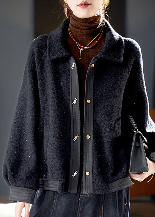 Unique Black Peter Pan Collar Patchwork Zircon Knit Cotton Jacket Lanter Sleeve