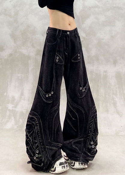 Unique Black Pockets Patchwork Straight Jeans