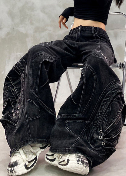 Unique Black Pockets Patchwork Straight Jeans