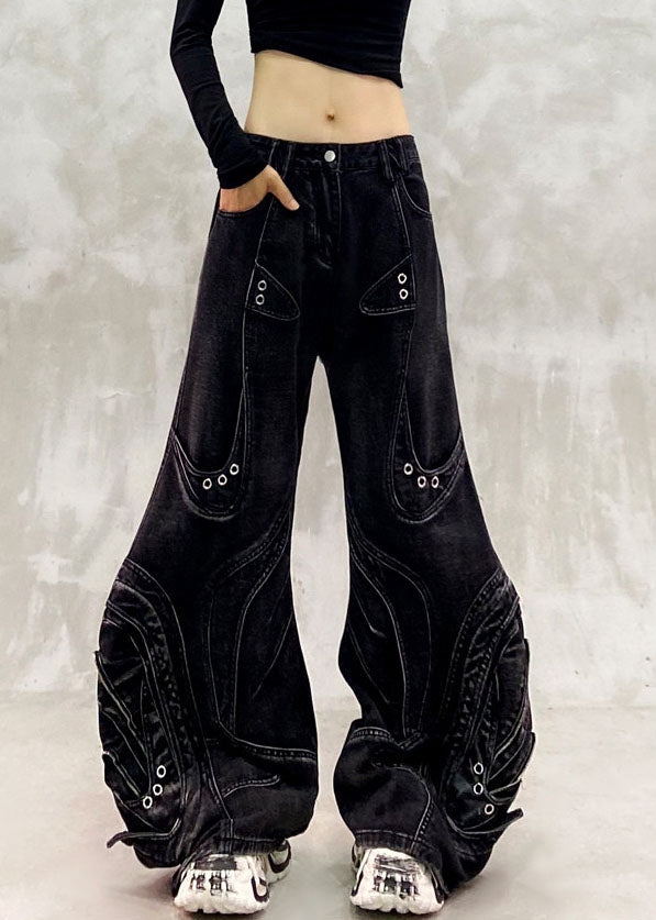 Unique Black Pockets Patchwork Straight Jeans