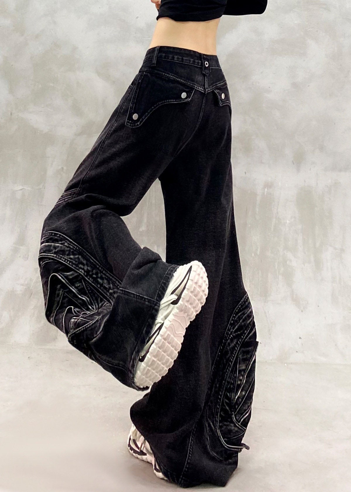Unique Black Pockets Patchwork Straight Jeans