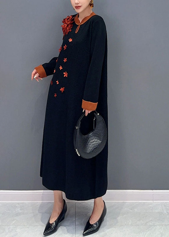 Unique Black Print Long Knit Sweater Dress Long Sleeve