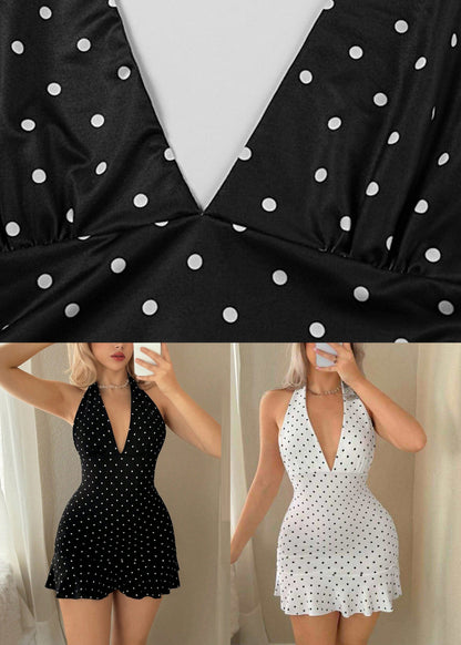 Unique Black Print Patchwork Backless Mid Dress V Neck Summer