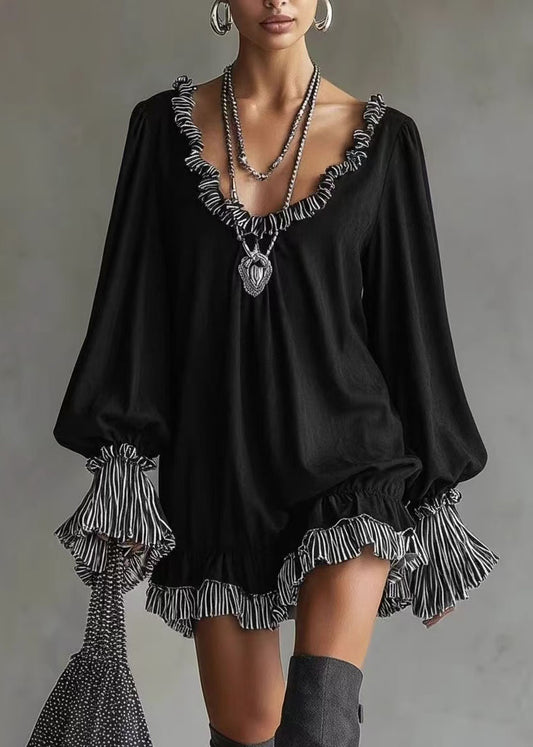 Unique Black Ruffled Patchwork Cotton Mid Dress Spring