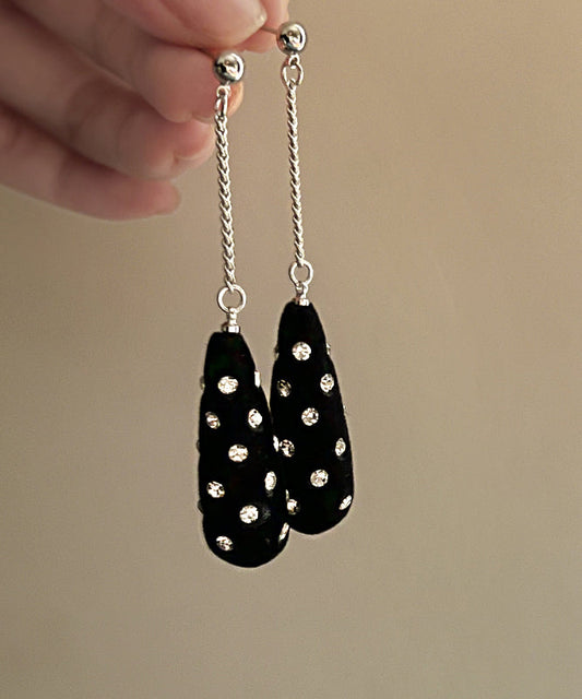 Unique Black Stainless Steel Velvet Zircon Water Droplet Drop Earrings