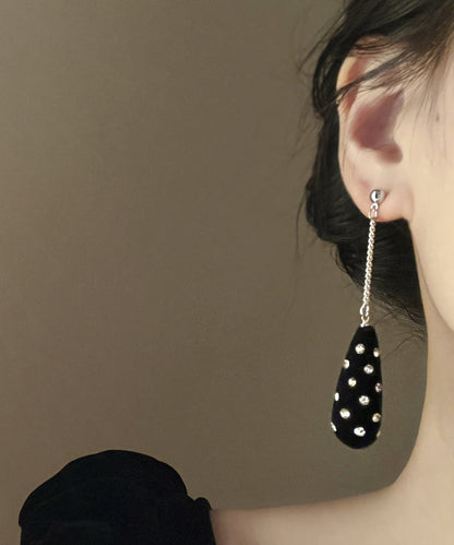 Unique Black Stainless Steel Velvet Zircon Water Droplet Drop Earrings