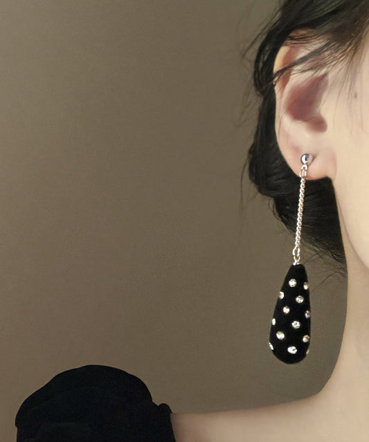Unique Black Stainless Steel Velvet Zircon Water Droplet Drop Earrings