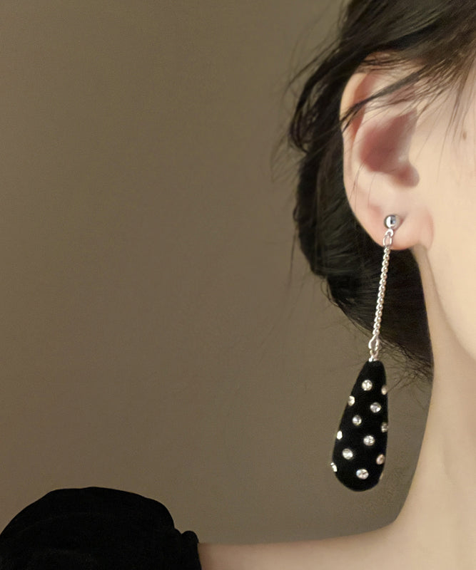 Unique Black Stainless Steel Velvet Zircon Water Droplet Drop Earrings