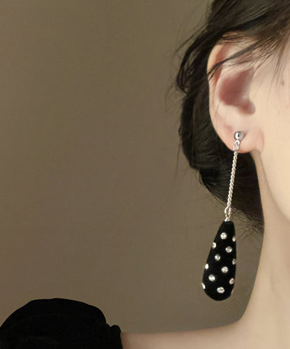 Unique Black Stainless Steel Velvet Zircon Water Droplet Drop Earrings