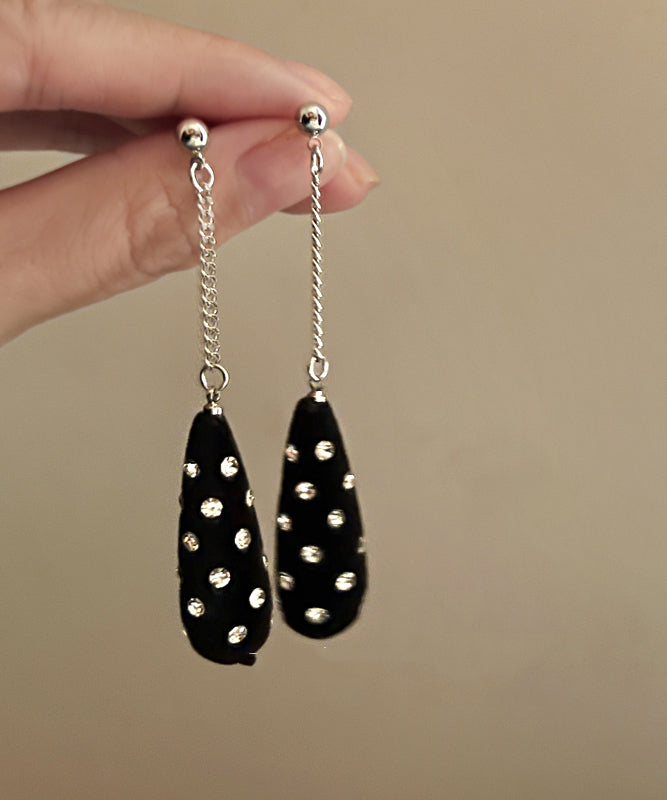 Unique Black Stainless Steel Velvet Zircon Water Droplet Drop Earrings