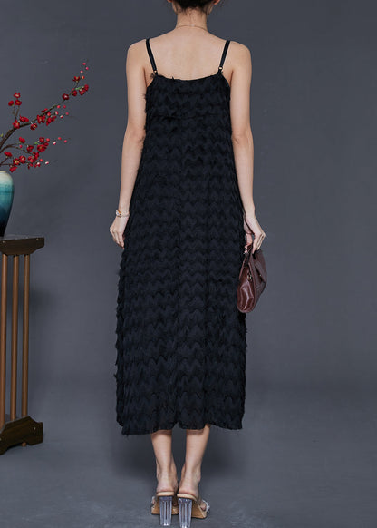 Unique Black Tasseled Chiffon Spaghetti Strap Dress Summer