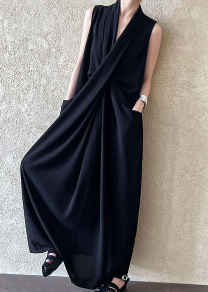 Unique Black V Neck Pockets Cotton Maxi Dresses Sleeveless