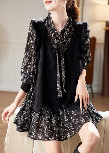Unique Black V Neck Print Chiffon Mid Dress Spring