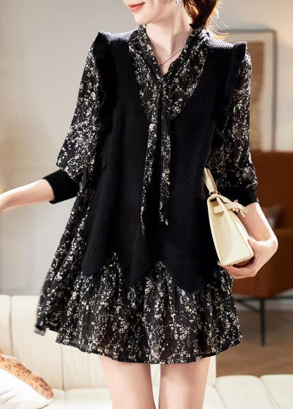 Unique Black V Neck Print Chiffon Mid Dress Spring