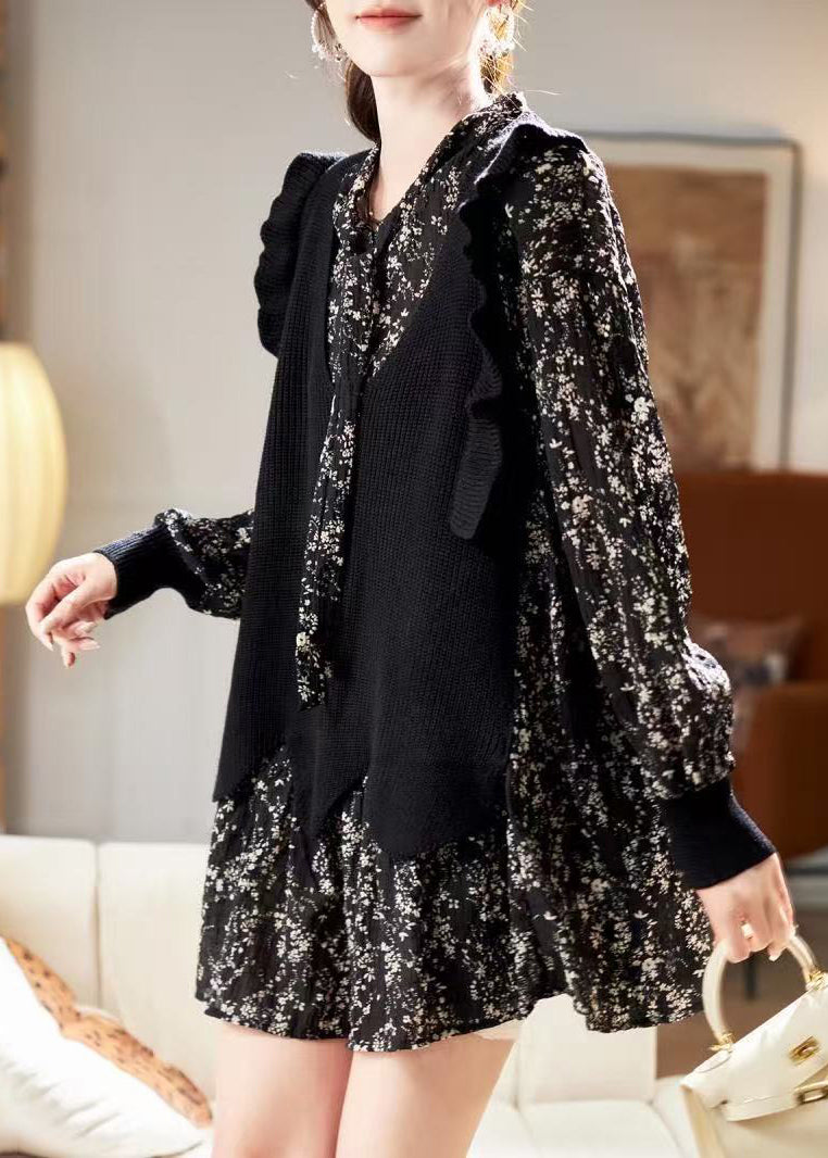 Unique Black V Neck Print Chiffon Mid Dress Spring