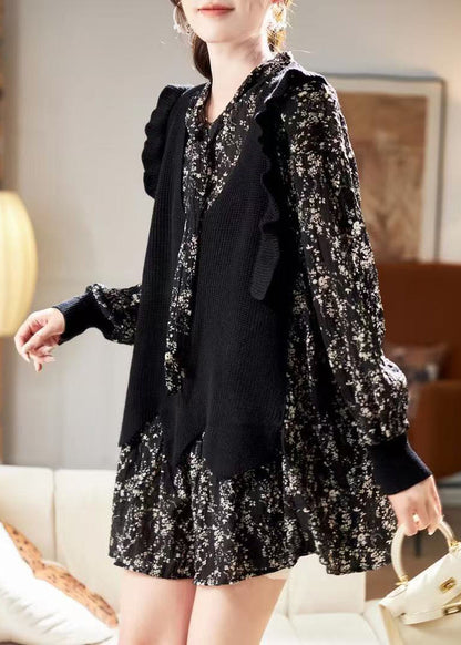 Unique Black V Neck Print Chiffon Mid Dress Spring