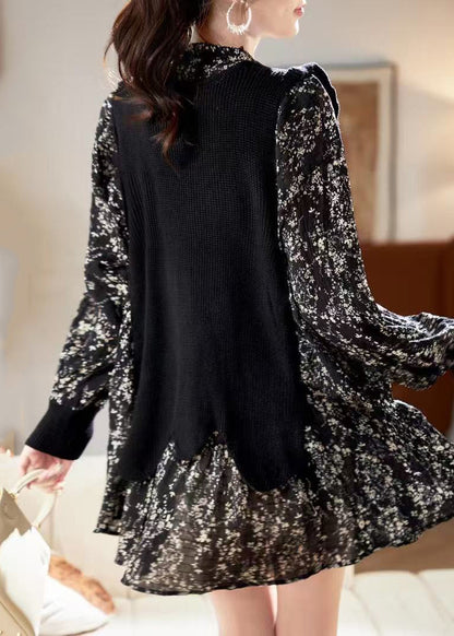 Unique Black V Neck Print Chiffon Mid Dress Spring