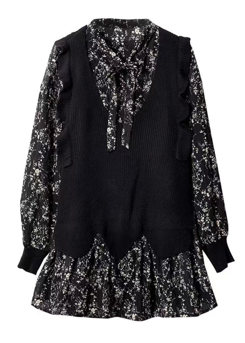 Unique Black V Neck Print Chiffon Mid Dress Spring