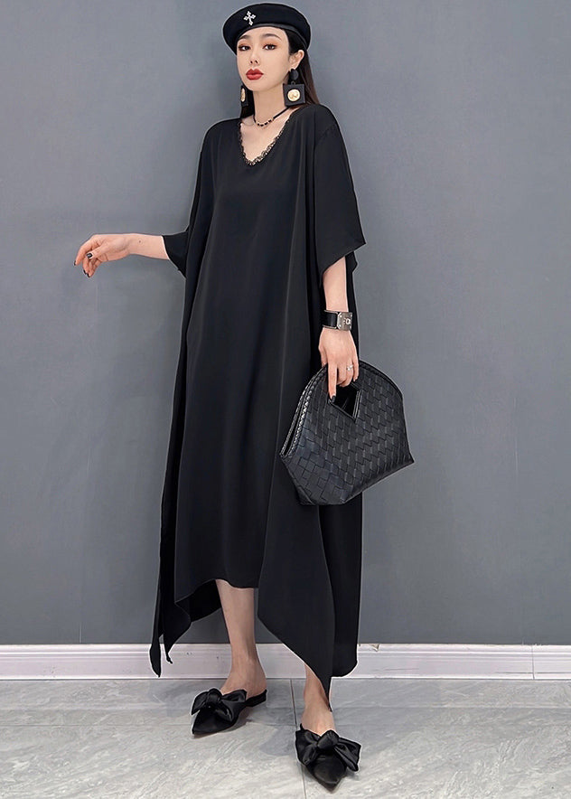 Unique Black V Neck Side Open Chiffon Long Dress And Sequins Long Smock Two Pieces Set Summer