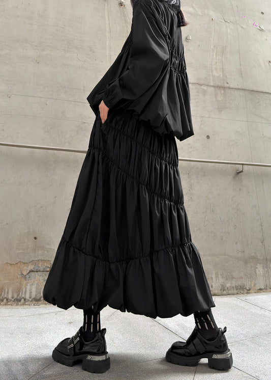 Unique Black Zip Up Wrinkled Cotton Two Pieces Set Fall