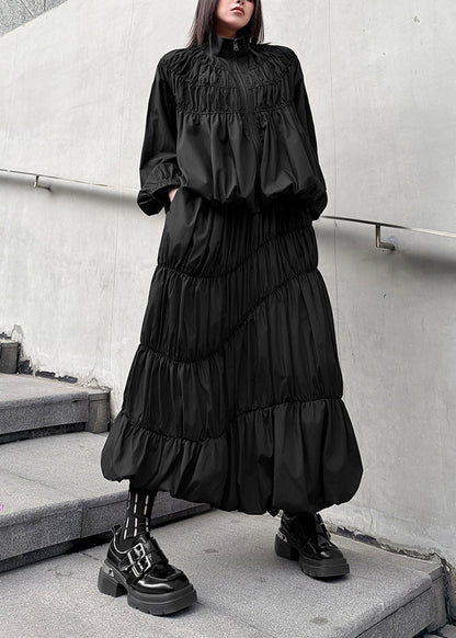 Unique Black Zip Up Wrinkled Cotton Two Pieces Set Fall