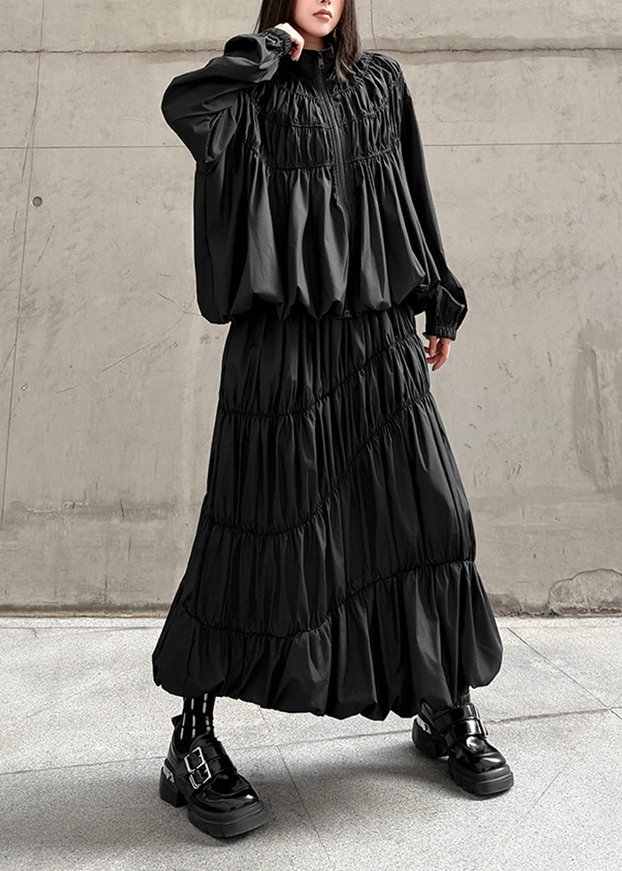 Unique Black Zip Up Wrinkled Cotton Two Pieces Set Fall