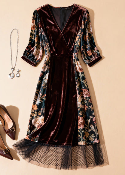 Unique Blackish Green Print Tulle Patchwork Silk Velvet Dresses Half Sleeve