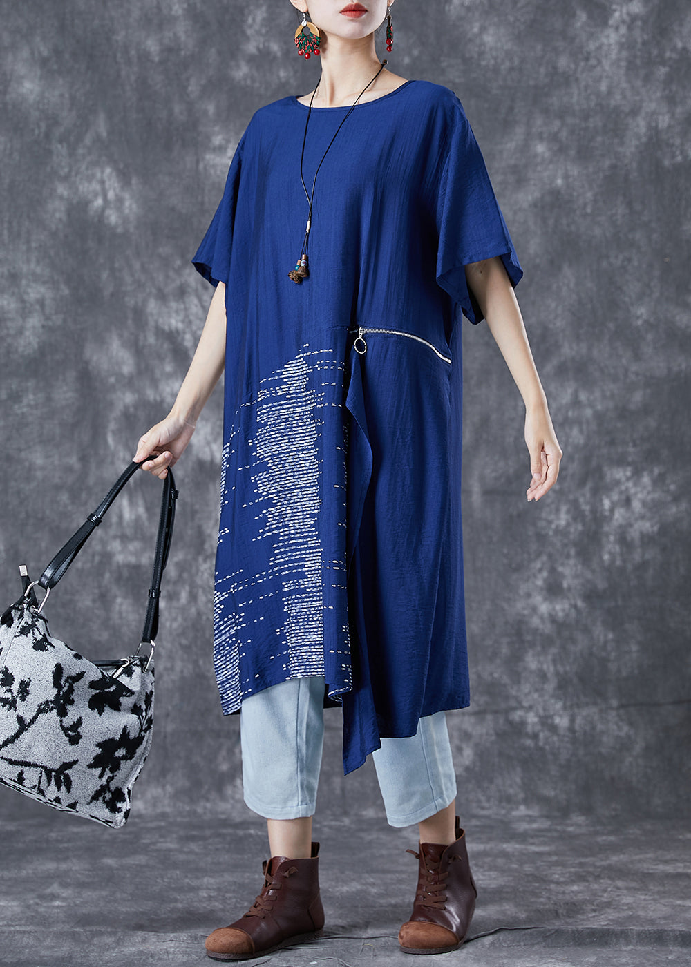 Unique Blue Asymmetrical Patchwork Zippered Cotton Dresses Summer