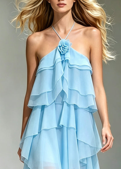Unique Blue Backless Floral Chiffon Halter Dresses Summer