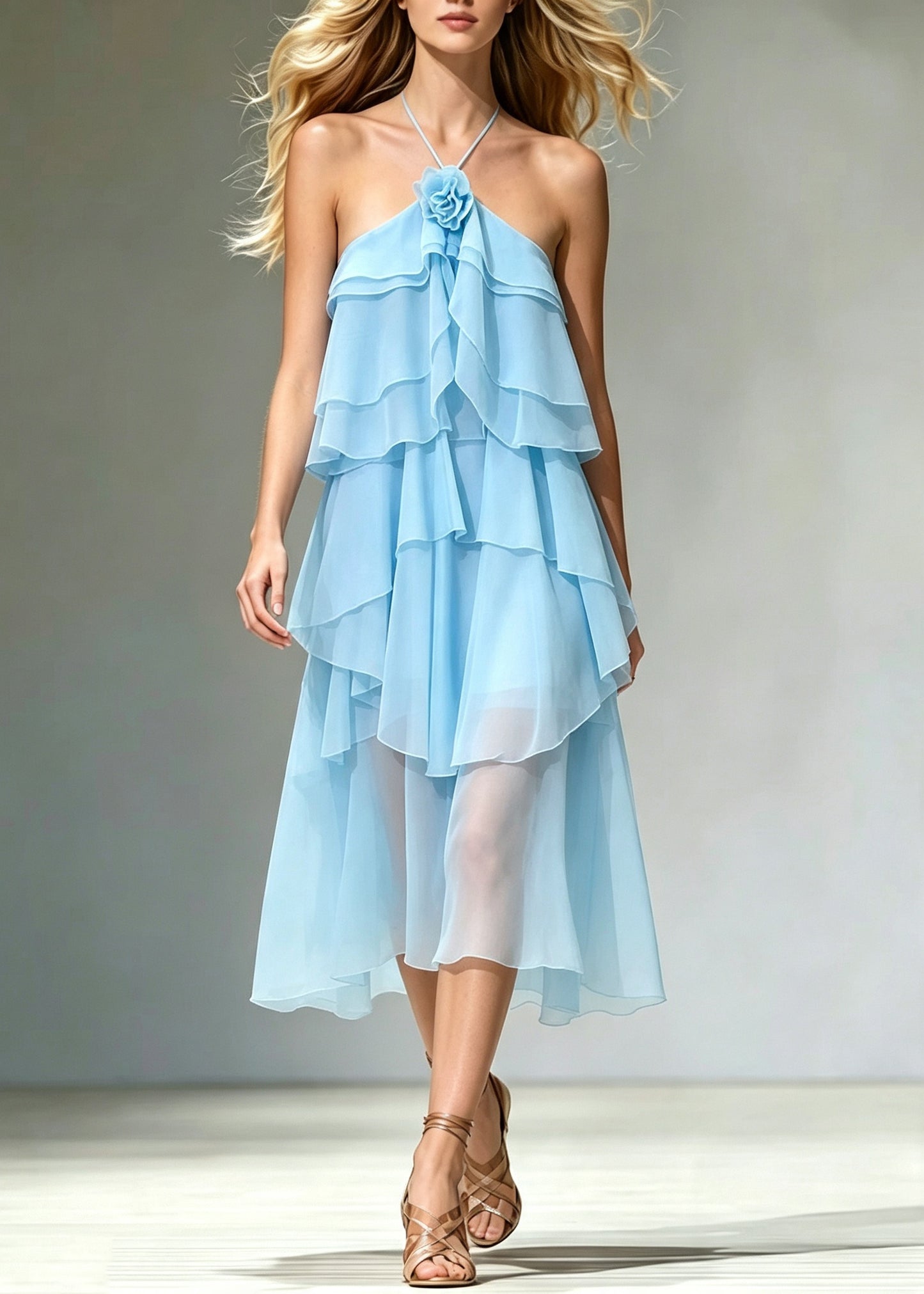 Unique Blue Backless Floral Chiffon Halter Dresses Summer