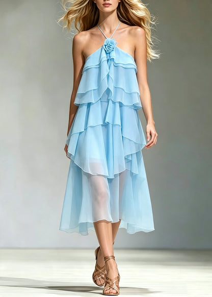 Unique Blue Backless Floral Chiffon Halter Dresses Summer