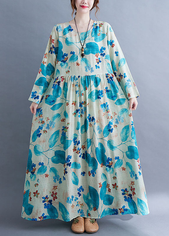 Unique Blue Baggy O-Neck Wrinkled Print Long Dress Long Sleeve