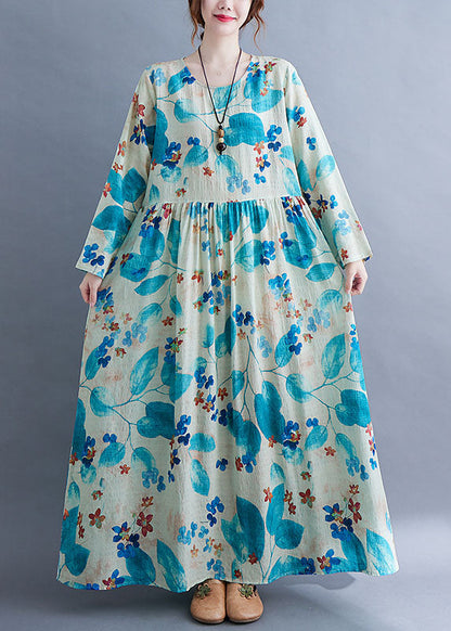 Unique Blue Baggy O-Neck Wrinkled Print Long Dress Long Sleeve