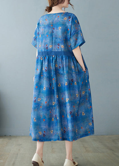 Unique Blue Cinche Patchwork Print Linen Long Dress Short Sleeve