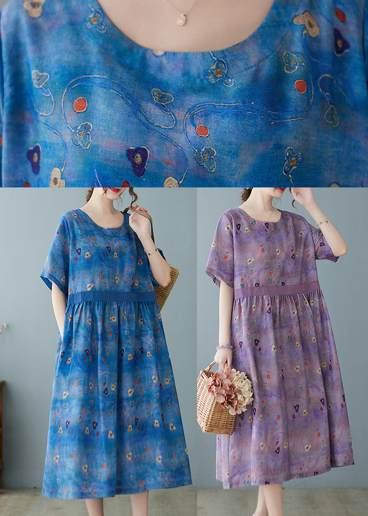 Unique Blue Cinche Patchwork Print Linen Long Dress Short Sleeve
