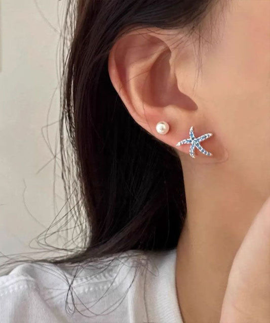 Unique Blue Copper Zircon Starfish Stud Earrings