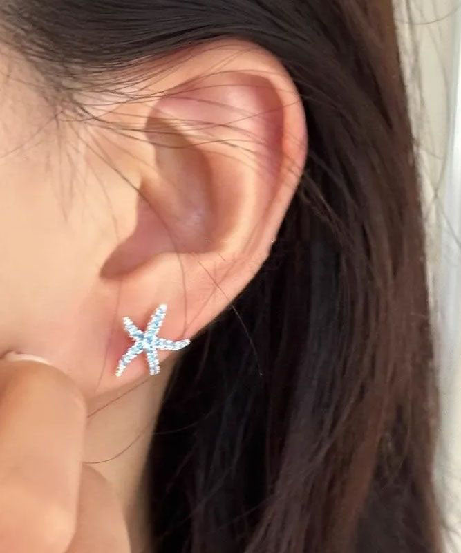 Unique Blue Copper Zircon Starfish Stud Earrings