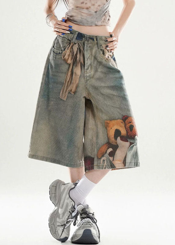 Unique Blue High Waist Print Crop Wide Leg Jeans Summer