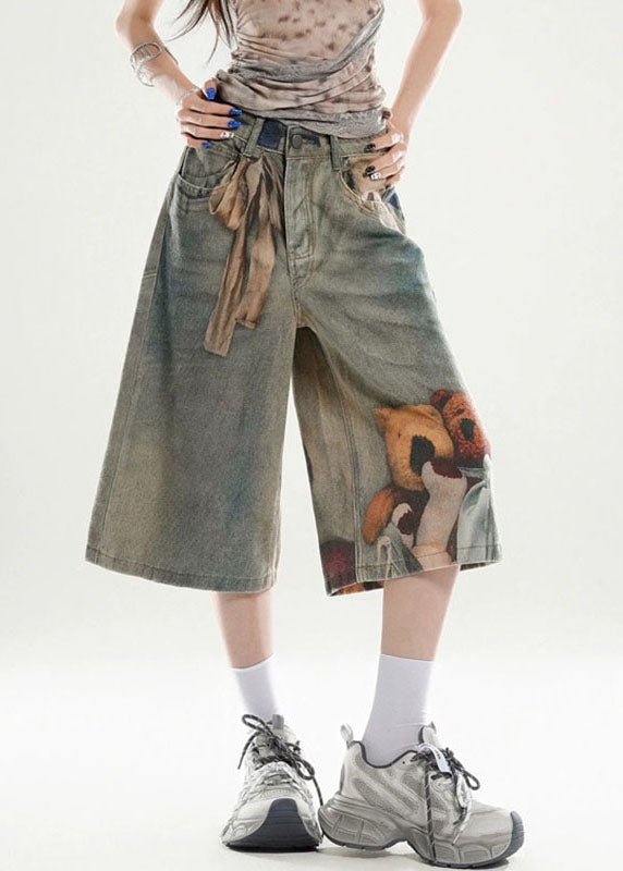 Unique Blue High Waist Print Crop Wide Leg Jeans Summer