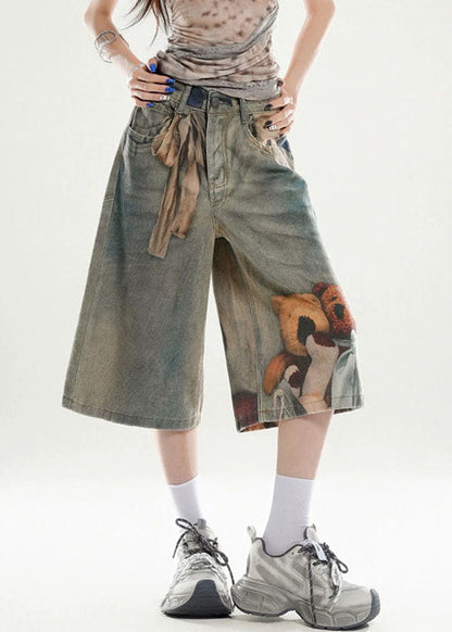 Unique Blue High Waist Print Crop Wide Leg Jeans Summer
