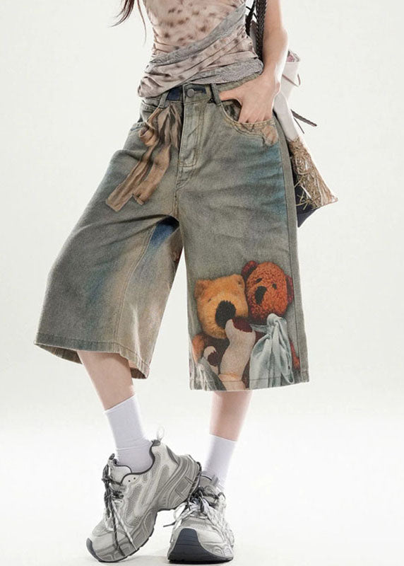 Unique Blue High Waist Print Crop Wide Leg Jeans Summer