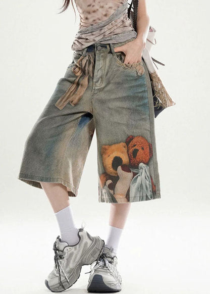 Unique Blue High Waist Print Crop Wide Leg Jeans Summer