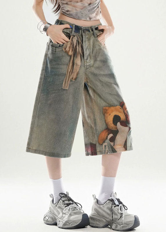 Unique Blue High Waist Print Crop Wide Leg Jeans Summer