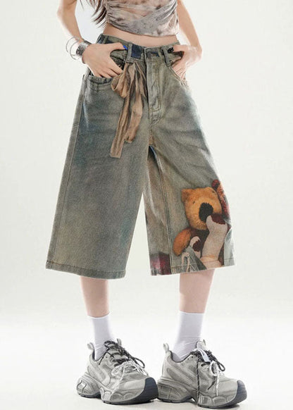 Unique Blue High Waist Print Crop Wide Leg Jeans Summer