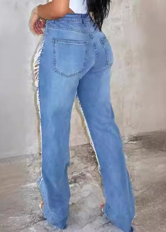 Unique Blue High Waist Ripped Beam Pants Fall