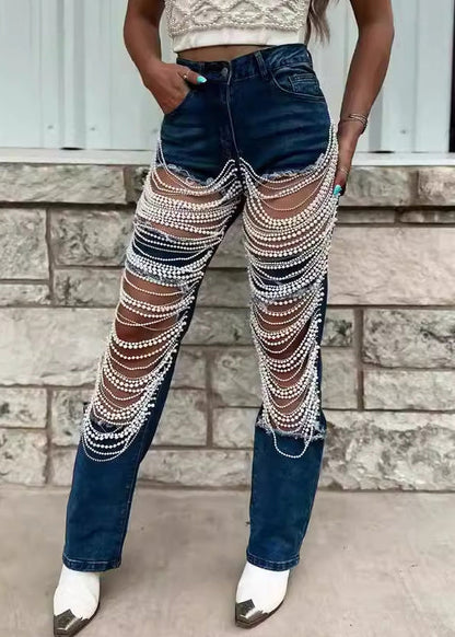 Unique Blue High Waist Ripped Beam Pants Fall