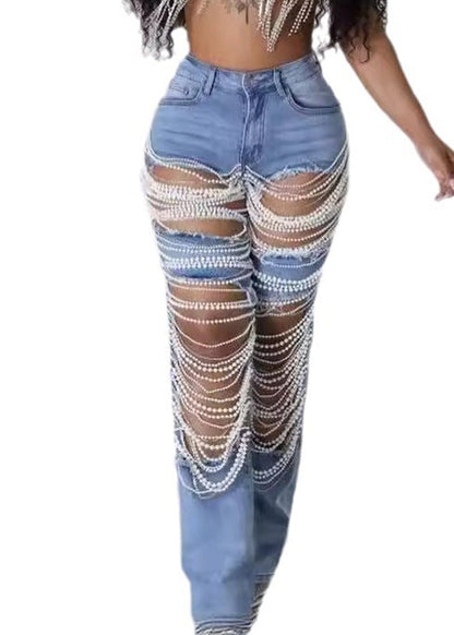 Unique Blue High Waist Ripped Beam Pants Fall